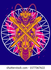 Mechanical grasshopper. Military futuristic robot. Mech controlled by a pilot. Scratched metal armor robot. Mech Battle.