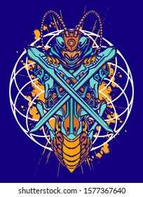 Mechanical grasshopper. Military futuristic robot. Mech controlled by a pilot. Scratched metal armor robot. Mech Battle.