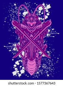 Mechanical grasshopper. Military futuristic robot. Mech controlled by a pilot. Scratched metal armor robot. Mech Battle.