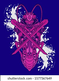 Mechanical grasshopper. Military futuristic robot. Mech controlled by a pilot. Scratched metal armor robot. Mech Battle.