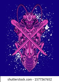 Mechanical grasshopper. Military futuristic robot. Mech controlled by a pilot. Scratched metal armor robot. Mech Battle.