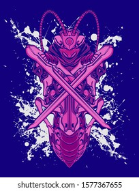 Mechanical grasshopper. Military futuristic robot. Mech controlled by a pilot. Scratched metal armor robot. Mech Battle.