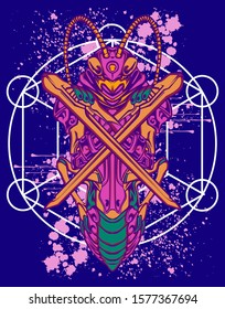 Mechanical grasshopper. Military futuristic robot. Mech controlled by a pilot. Scratched metal armor robot. Mech Battle.