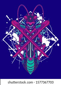 Mechanical grasshopper. Military futuristic robot. Mech controlled by a pilot. Scratched metal armor robot. Mech Battle.