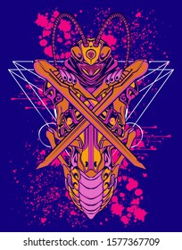 Mechanical grasshopper. Military futuristic robot. Mech controlled by a pilot. Scratched metal armor robot. Mech Battle.