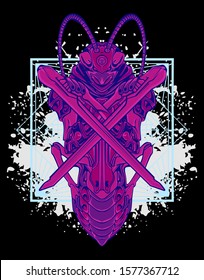 Mechanical grasshopper. Military futuristic robot. Mech controlled by a pilot. Scratched metal armor robot. Mech Battle.