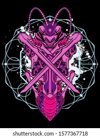 Mechanical grasshopper. Military futuristic robot. Mech controlled by a pilot. Scratched metal armor robot. Mech Battle.