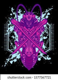 Mechanical grasshopper. Military futuristic robot. Mech controlled by a pilot. Scratched metal armor robot. Mech Battle.