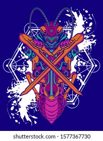 Mechanical grasshopper. Military futuristic robot. Mech controlled by a pilot. Scratched metal armor robot. Mech Battle.