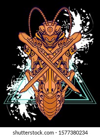 Mechanical grasshopper. Military futuristic robot. Mech controlled by a pilot. Scratched metal armor robot. Mech Battle.