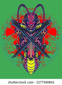Mechanical grasshopper. Sci-fi mech soldier standing. Military futuristic robot. Mech controlled by a pilot. Scratched metal armor robot. Mech Battle.