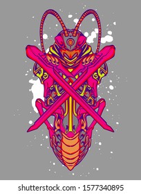 Mechanical grasshopper. Sci-fi mech soldier standing. Military futuristic robot. Mech controlled by a pilot. Scratched metal armor robot. Mech Battle.