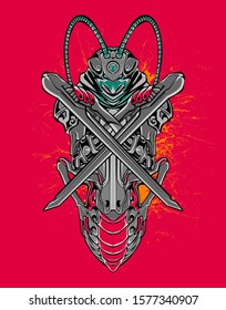 Mechanical grasshopper. Sci-fi mech soldier standing. Military futuristic robot. Mech controlled by a pilot. Scratched metal armor robot. Mech Battle.