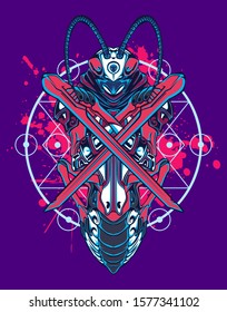 Mechanical grasshopper. Sci-fi mech soldier standing. Military futuristic robot. Mech controlled by a pilot. Scratched metal armor robot. Mech Battle.