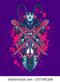 Mechanical grasshopper. Sci-fi mech soldier standing. Military futuristic robot. Mech controlled by a pilot. Scratched metal armor robot. Mech Battle.