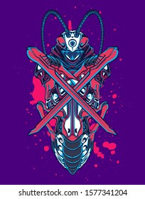 Mechanical grasshopper. Sci-fi mech soldier standing. Military futuristic robot. Mech controlled by a pilot. Scratched metal armor robot. Mech Battle.