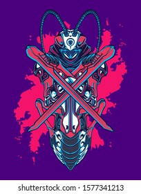 Mechanical grasshopper. Sci-fi mech soldier standing. Military futuristic robot. Mech controlled by a pilot. Scratched metal armor robot. Mech Battle.