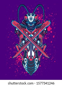 Mechanical grasshopper. Sci-fi mech soldier standing. Military futuristic robot. Mech controlled by a pilot. Scratched metal armor robot. Mech Battle.