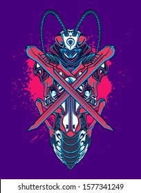 Mechanical grasshopper. Sci-fi mech soldier standing. Military futuristic robot. Mech controlled by a pilot. Scratched metal armor robot. Mech Battle.