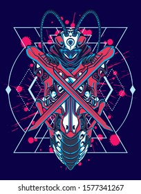 Mechanical grasshopper. Sci-fi mech soldier standing. Military futuristic robot. Mech controlled by a pilot. Scratched metal armor robot. Mech Battle.