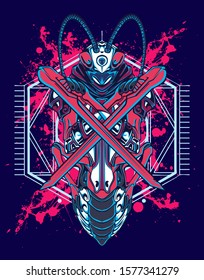 Mechanical grasshopper. Sci-fi mech soldier standing. Military futuristic robot. Mech controlled by a pilot. Scratched metal armor robot. Mech Battle.