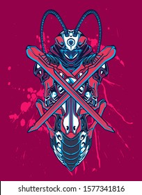 Mechanical grasshopper. Sci-fi mech soldier standing. Military futuristic robot. Mech controlled by a pilot. Scratched metal armor robot. Mech Battle.