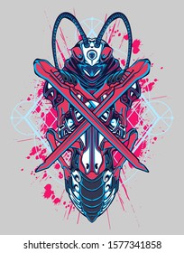 Mechanical grasshopper. Sci-fi mech soldier standing. Military futuristic robot. Mech controlled by a pilot. Scratched metal armor robot. Mech Battle.