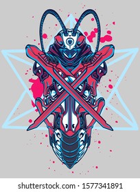 Mechanical grasshopper. Sci-fi mech soldier standing. Military futuristic robot. Mech controlled by a pilot. Scratched metal armor robot. Mech Battle.