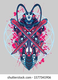 Mechanical grasshopper. Sci-fi mech soldier standing. Military futuristic robot. Mech controlled by a pilot. Scratched metal armor robot. Mech Battle.