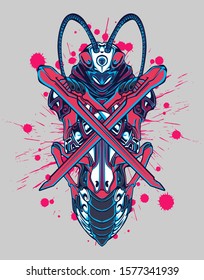 Mechanical grasshopper. Sci-fi mech soldier standing. Military futuristic robot. Mech controlled by a pilot. Scratched metal armor robot. Mech Battle.