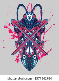 Mechanical grasshopper. Sci-fi mech soldier standing. Military futuristic robot. Mech controlled by a pilot. Scratched metal armor robot. Mech Battle.