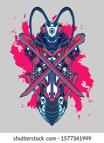 Mechanical grasshopper. Sci-fi mech soldier standing. Military futuristic robot. Mech controlled by a pilot. Scratched metal armor robot. Mech Battle.