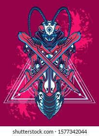 Mechanical grasshopper. Sci-fi mech soldier standing. Military futuristic robot. Mech controlled by a pilot. Scratched metal armor robot. Mech Battle.
