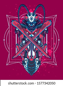 Mechanical grasshopper. Sci-fi mech soldier standing. Military futuristic robot. Mech controlled by a pilot. Scratched metal armor robot. Mech Battle.