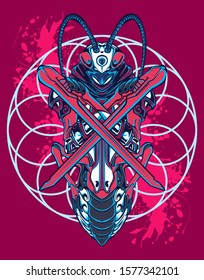 Mechanical grasshopper. Sci-fi mech soldier standing. Military futuristic robot. Mech controlled by a pilot. Scratched metal armor robot. Mech Battle.