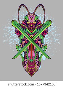 Mechanical grasshopper. Sci-fi mech soldier standing. Military futuristic robot. Mech controlled by a pilot. Scratched metal armor robot. Mech Battle.