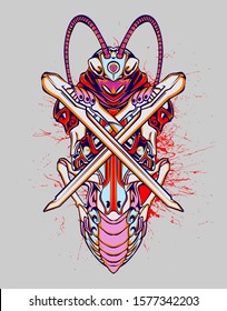 Mechanical grasshopper. Sci-fi mech soldier standing. Military futuristic robot. Mech controlled by a pilot. Scratched metal armor robot. Mech Battle.