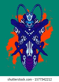 Mechanical grasshopper. Sci-fi mech soldier standing. Military futuristic robot. Mech controlled by a pilot. Scratched metal armor robot. Mech Battle.