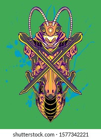 Mechanical grasshopper. Sci-fi mech soldier standing. Military futuristic robot. Mech controlled by a pilot. Scratched metal armor robot. Mech Battle.