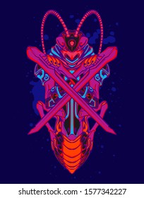 Mechanical grasshopper. Sci-fi mech soldier standing. Military futuristic robot. Mech controlled by a pilot. Scratched metal armor robot. Mech Battle.