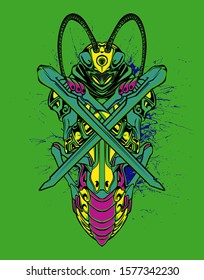 Mechanical grasshopper. Sci-fi mech soldier standing. Military futuristic robot. Mech controlled by a pilot. Scratched metal armor robot. Mech Battle.