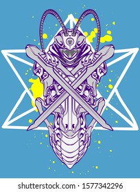Mechanical grasshopper. Sci-fi mech soldier standing. Military futuristic robot. Mech controlled by a pilot. Scratched metal armor robot. Mech Battle.
