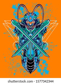 Mechanical grasshopper. Sci-fi mech soldier standing. Military futuristic robot. Mech controlled by a pilot. Scratched metal armor robot. Mech Battle.