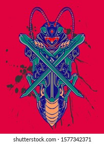 Mechanical grasshopper. Sci-fi mech soldier standing. Military futuristic robot. Mech controlled by a pilot. Scratched metal armor robot. Mech Battle.