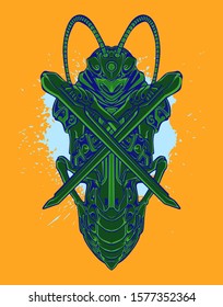 Mechanical grasshopper. Sci-fi mech soldier standing. Military futuristic robot. Mech controlled by a pilot. Scratched metal armor robot. Mech Battle.