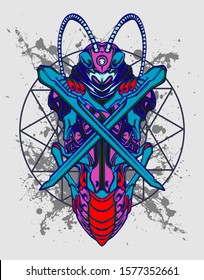 Mechanical grasshopper. Sci-fi mech soldier standing. Military futuristic robot. Mech controlled by a pilot. Scratched metal armor robot. Mech Battle.