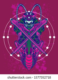 Mechanical grasshopper. Sci-fi mech soldier standing. Military futuristic robot. Mech controlled by a pilot. Scratched metal armor robot. Mech Battle.