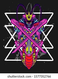 Mechanical grasshopper. Sci-fi mech soldier standing. Military futuristic robot. Mech controlled by a pilot. Scratched metal armor robot. Mech Battle.
