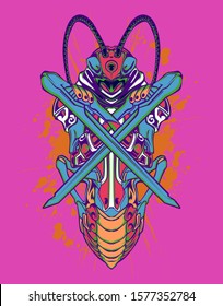 Mechanical grasshopper. Sci-fi mech soldier standing. Military futuristic robot. Mech controlled by a pilot. Scratched metal armor robot. Mech Battle.