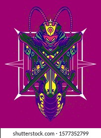 Mechanical grasshopper. Sci-fi mech soldier standing. Military futuristic robot. Mech controlled by a pilot. Scratched metal armor robot. Mech Battle.